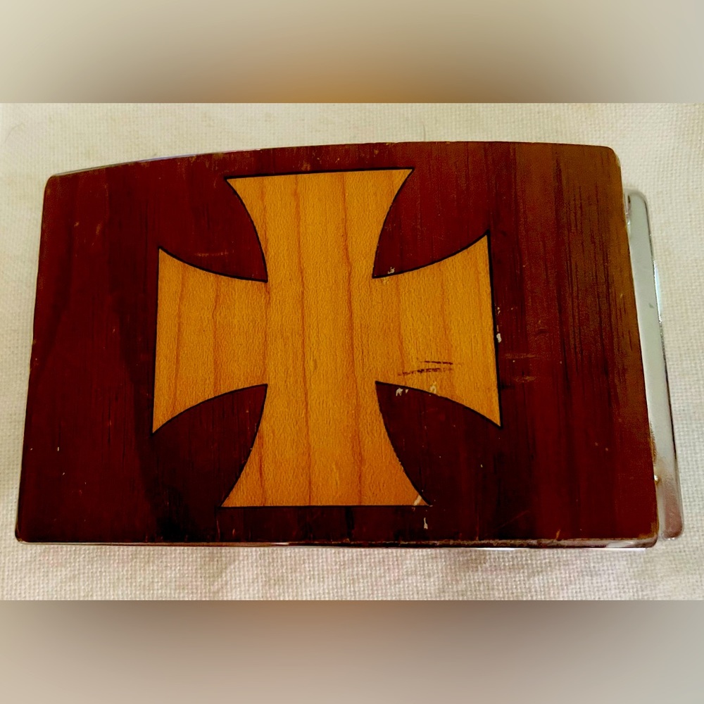 Vintage Iron Cross Wood Inlay Belt Buckle